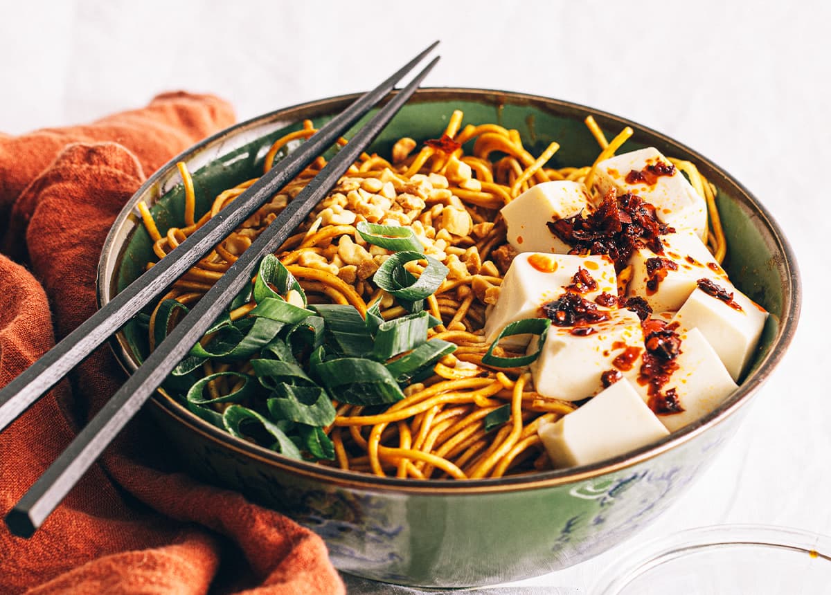 Honey and Sesame Tossed Flat Noodles with Toasted Tofu Recipe