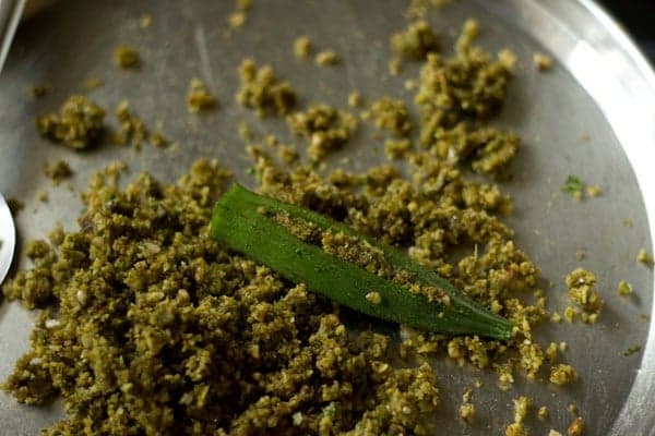 Maharastrian Style Bharli Bhindi Recipe - Stuffed Bhindi With Coconut
